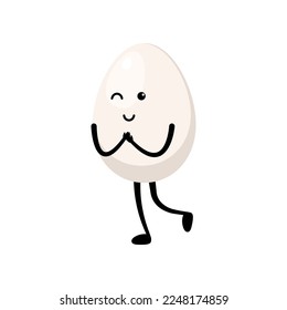 Boiled egg with cute face winking cartoon illustration. Chicken egg for breakfast. Happy raw egg character. Easter, cooking, food, emotion concept