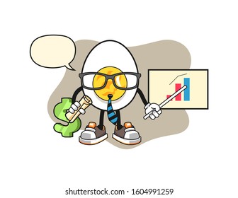 Boiled egg economist with speech bubble cartoon. Mascot Character vector.