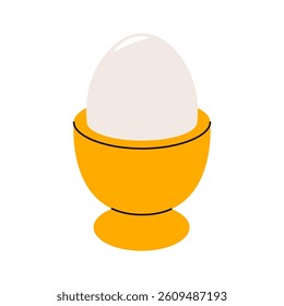 Boiled egg in eggcup. Cooked eggshell in cup, organic chicken eggs for healthy breakfast, protein diet food cartoon flat style. Vector illustration.