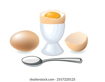 Boiled egg in eggcup icon set vector isolated on a white background. Egg in egg cup holder and spoon vector illustration. Breakfast set with eggs drawing