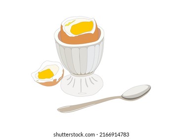 Boiled egg with eggshell for breakfast. Spoon. Dish. 