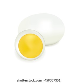 Boiled egg, the food of poultry farm, healthy food, fast breakfast, round oval, the isolated vector, the cut yolk, culinary dish, animal protein