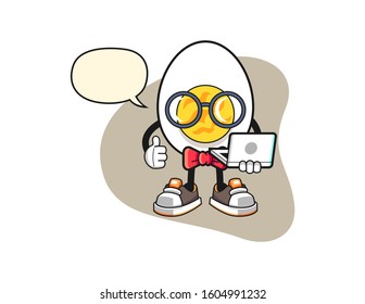 Boiled egg geek with speech bubble cartoon. Mascot Character vector.