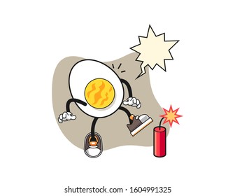 Boiled egg get surprise firecrackers with speech bubble cartoon. Mascot Character vector.