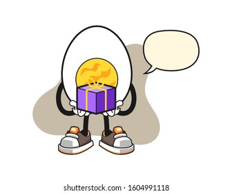 Boiled egg give a gift with speech bubble cartoon. Mascot Character vector.