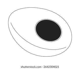 Boiled egg half 2D line object. Protein food slice. Breakfast cooking ingredient. Hardboiled yolk center. Halved cooked egg isolated clipart vector ink outline item. Monochrome spot illustration