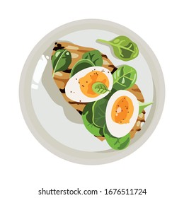 Boiled egg halves and grilled chicken breast with spinach and spice on the rounded plate. Flat vector illustration isolated on a white background.