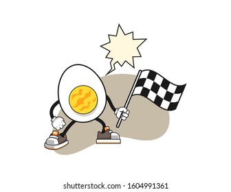 Boiled egg hold racing flag with speech bubble cartoon. Mascot Character vector.
