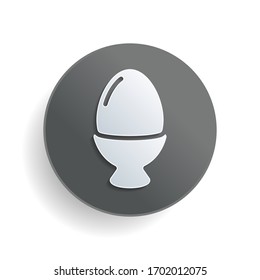 Boiled egg, icon of food. White paper symbol on gray round button or badge with shadow