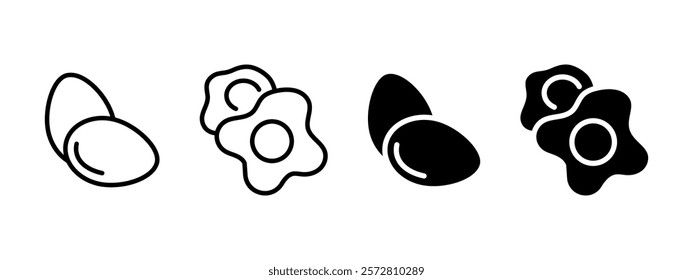 Boiled egg icon. Fried eggs vector illustration. Easter eggs symbol. Breakfast sign. Protein food nourishment pictogram. Grocery concept outline, line, black isolated on white background.