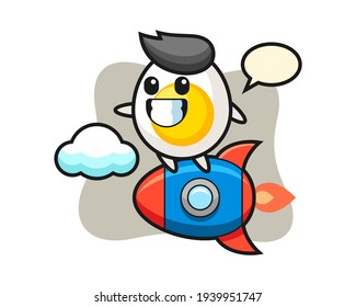 Boiled egg mascot character riding a rocket