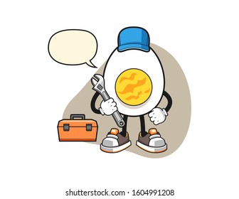 Boiled egg mechanic with speech bubble cartoon. Mascot Character vector.
