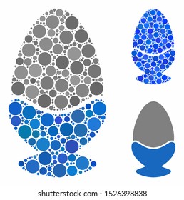 Boiled egg mosaic for boiled egg icon of round dots in variable sizes and shades. Vector round dots are organized into blue mosaic. Dotted boiled egg icon in usual and blue versions.
