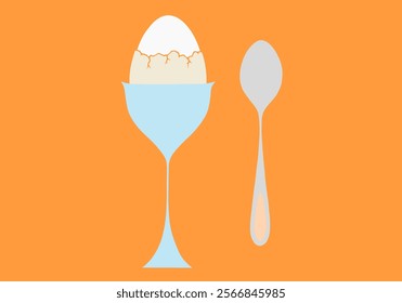 A boiled egg on a stand. A spoon is nearby.