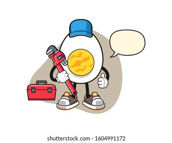 Boiled egg plumber with speech bubble cartoon. Mascot Character vector.