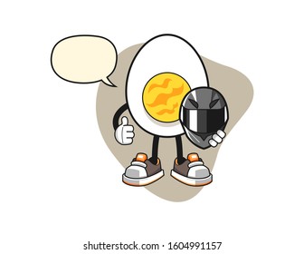 Boiled egg racer with speech bubble cartoon. Mascot Character vector.