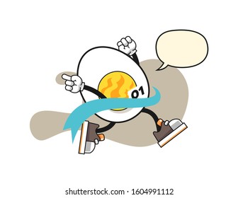 Boiled egg reach the finish line with speech bubble cartoon. Mascot Character vector.