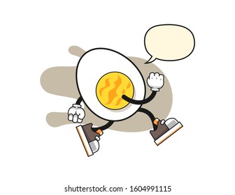 Boiled egg run with speech bubble cartoon. Mascot Character vector.