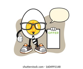 Boiled egg salesman with speech bubble cartoon. Mascot Character vector.