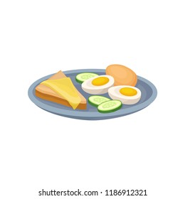 Boiled egg, sandwich with cheese and cucmber on a plate, fresh nutritious breakfast food, design element for menu, cafe, restaurant vector Illustration on a white background
