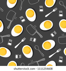 Boiled egg seamless patterns on dark gray background for printing and website banner design, wallpaper and textile fabric print. Vector illustration.