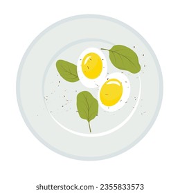 Boiled egg and spinach with seasoning. Vector illustration. Diet, healthy breakfast. Eggs and organic microgreens on white table.