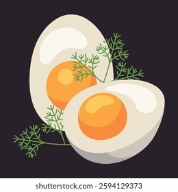 Boiled egg vector design illustration isolated on white background. Egg in eggshell, pieces boiled and fries. Whole and half, sliced eggs with dill.
