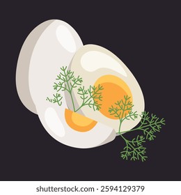 Boiled egg vector design illustration isolated on white background. Egg in eggshell, pieces boiled and fries. Whole and half, sliced eggs with dill.