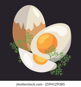 Boiled egg vector design illustration isolated on white background. Egg in eggshell, pieces boiled and fries. Whole and half, sliced eggs with dill.