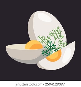 Boiled egg vector design illustration isolated on white background. Egg in eggshell, pieces boiled and fries. Whole and half, sliced eggs with dill.