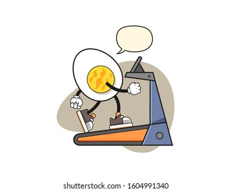 Boiled egg walking on treadmill with speech bubble cartoon. Mascot Character vector.