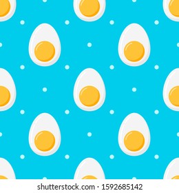 Boiled egg with yolk colorful seamless pattern with dots on blue background. Delicious cut half egg print. Endless texture. Sample children cartoon food background. Vector flat style illustration.