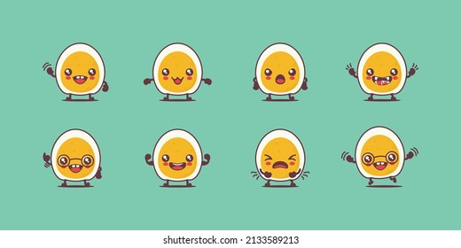 Boiled eggs cartoon. vector illustration of fast food, breakfast, healthy food. with different faces and expressions. cute cartoon