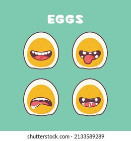 Boiled eggs cartoon. vector illustration of fast food, breakfast, healthy food. with different mouth expressions. cute cartoon