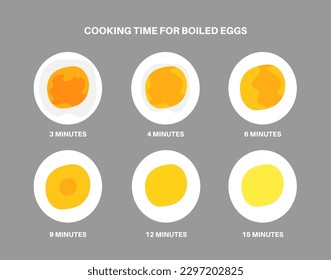 Boiled eggs cooking time. Different way to boil eggs. Soft, medium and hard, 4, 8 and 12 minutes. Simple breakfast food concept. Morning nutrition on kitchen or restaurant flat vector illustration