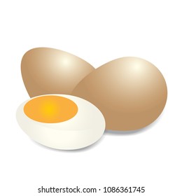 Boiled eggs cut in half, Two brown chicken eggs and one boiled sliced halves isolated on white background, Vector illustration.