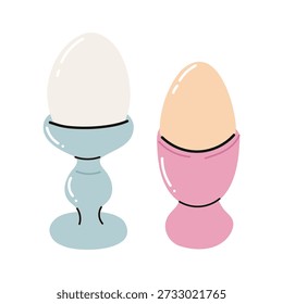 Boiled Eggs in Egg Cups, Blue and Pink Egg Holders for Breakfast. Classic porcelain egg cup. decorative egg cup. Adorable flat vector botanical illustration for ad, stickers, greeting card, menu