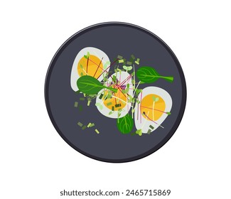 Boiled eggs with greenery on plate. Top view Vector for menu, cafe, restaurant, poster, banner, sticker. Delicious Healthy breakfast or snack. Healthy diet food for breakfast. Top view, flat lay
