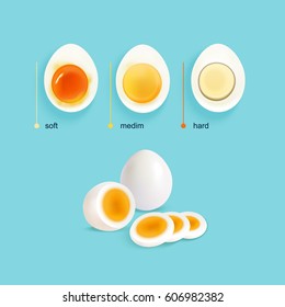 Boiled eggs infographical concept with three illustrated stages of egg boiling with slices and text captions vector illustration