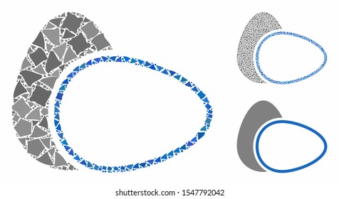 Boiled eggs mosaic of joggly elements in various sizes and color tinges, based on boiled eggs icon. Vector irregular elements are organized into mosaic. Boiled eggs icons collage with dotted pattern.