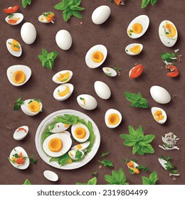 Boiled eggs with pate and herbs vector graphics realistic food pattern background