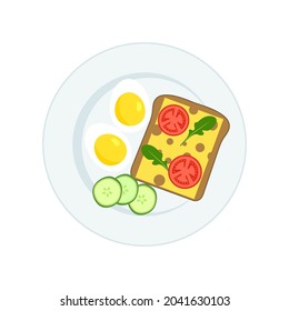 Boiled eggs, sandwich, tomatoes, cucumbers, arugula on a plate for breakfast or lunch. Healthy food. Vector illustration isolated on a white background