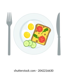 Huevos hervidos, sándwiches, tomates, pepinos, arugula en un plato para desayunar o almorzar.С Dulces. Alimentos saludables. Ilustración del vector aislada en un fondo blanco