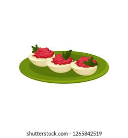 Boiled eggs stuffed with beetroot. Tasty snacks. Appetizing food. Culinary theme. Flat vector icon