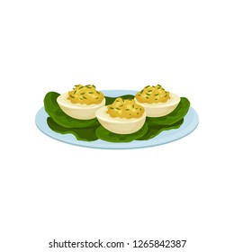 Boiled eggs stuffed with mustard and greens. Appetizing snacks on blue plate. Food theme. Flat vector icon