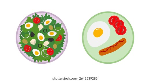 Boiled eggs with tomatoes and olives and Fried Egg with yolk and sausage on Plate Breakfast Food Set