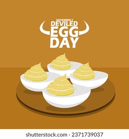 Boiled eggs topped with mustard and chili spices served on wooden plate, with bold text on brown background to celebrate National Deviled Egg Day on November 2