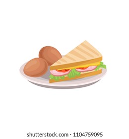 Boiled eggs and triangle sandwich with lettuce, slice of sausage, fresh tomato and cheese on plate. Flat vector icon of appetizing breakfast