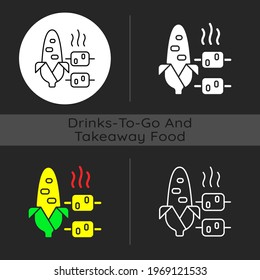 Boiled and grilled corn dark theme icon. Summery side dish. Barbecue, popcorn. Nutritious meal. Sweetcorn. Linear white, simple glyph and RGB color styles. Isolated vector illustrations