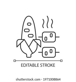 Boiled and grilled corn linear icon. Summery side dish. Barbecue, popcorn. Nutritious meal. Thin line customizable illustration. Contour symbol. Vector isolated outline drawing. Editable stroke